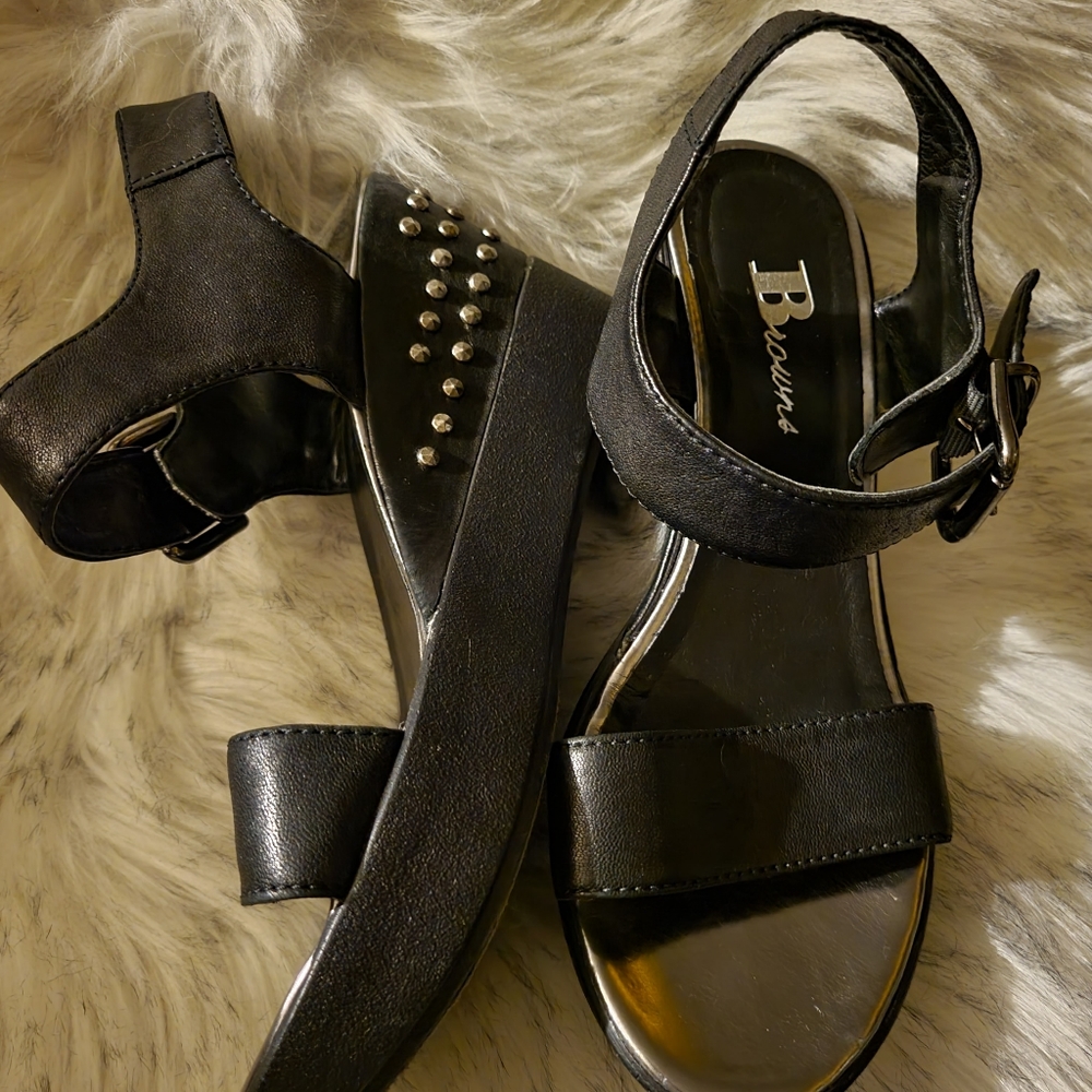 Brown's Black Leather Studded Wedge Sandals
